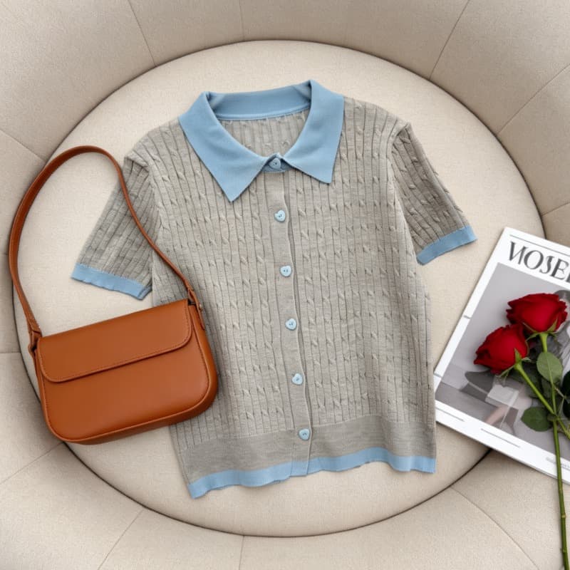 2026 레트로 POLO 칼라 배색 니트 스웨터 반팔 티셔츠 여성 여름 한 부서 몸매 가꾸기 슬림해 보이는 디자인 센스 작은 대중 이미지 5