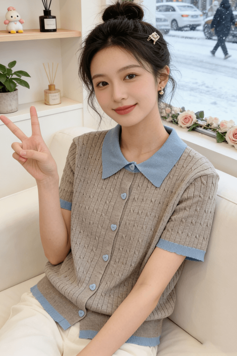 2026 레트로 POLO 칼라 배색 니트 스웨터 반팔 티셔츠 여성 여름 한 부서 몸매 가꾸기 슬림해 보이는 디자인 센스 작은 대중 상세 이미지 1