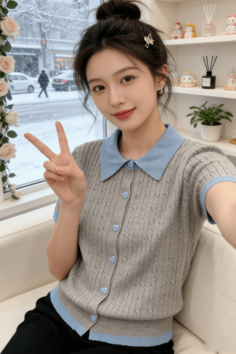 2026 레트로 POLO 칼라 배색 니트 스웨터 반팔 티셔츠 여성 여름 한 부서 몸매 가꾸기 슬림해 보이는 디자인 센스 작은 대중 상세 이미지 3