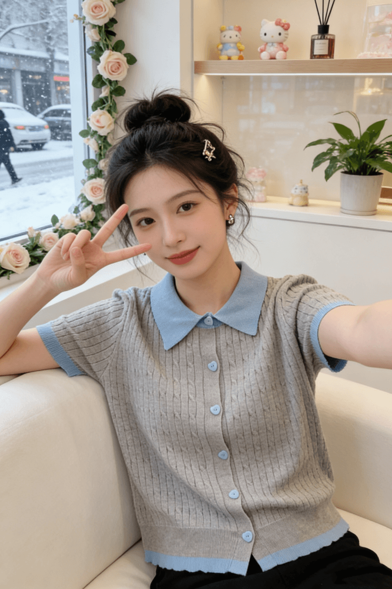 2026 레트로 POLO 칼라 배색 니트 스웨터 반팔 티셔츠 여성 여름 한 부서 몸매 가꾸기 슬림해 보이는 디자인 센스 작은 대중 상세 이미지 4