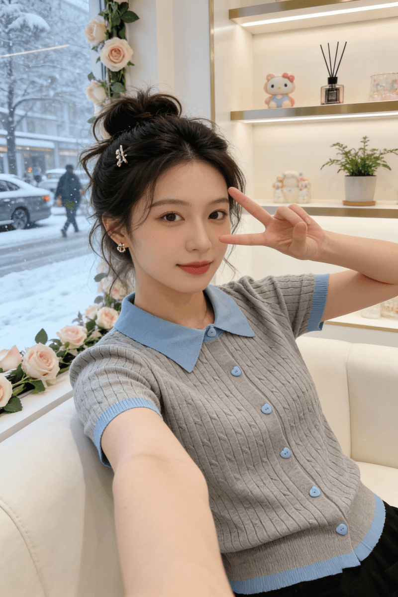 2026 레트로 POLO 칼라 배색 니트 스웨터 반팔 티셔츠 여성 여름 한 부서 몸매 가꾸기 슬림해 보이는 디자인 센스 작은 대중 상세 이미지 5