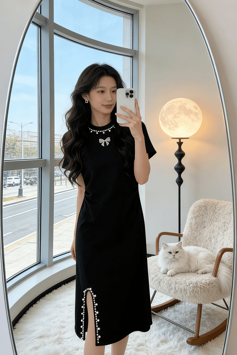 프랑스식 레트로 작은 샤넬 스타일 무거운 작업 비즈 박기 나비 매듭 라운드 넥 반팔 니트 여성 드레스 트임 디자인 롱 스커트 상세 이미지 2
