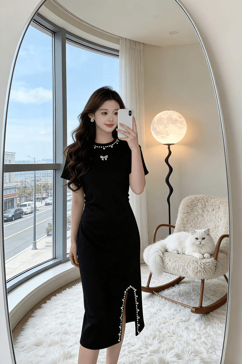 프랑스식 레트로 작은 샤넬 스타일 무거운 작업 비즈 박기 나비 매듭 라운드 넥 반팔 니트 여성 드레스 트임 디자인 롱 스커트 상세 이미지 4
