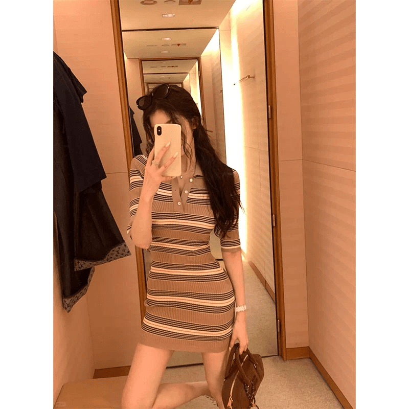 한 부서 레트로 캐주얼 외국 가스 작은 대중 디자인 센스 스트라이프 POLO 칼라 반팔 드레스 허리 수축 슬림해 보이는 미니 스커트 여성 이미지 3