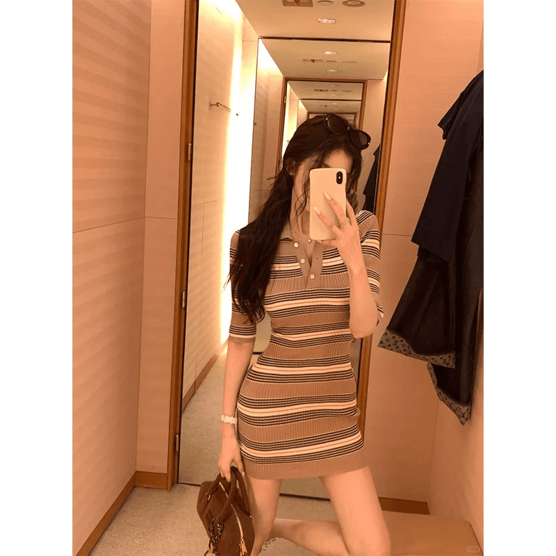 한 부서 레트로 캐주얼 외국 가스 작은 대중 디자인 센스 스트라이프 POLO 칼라 반팔 드레스 허리 수축 슬림해 보이는 미니 스커트 여성