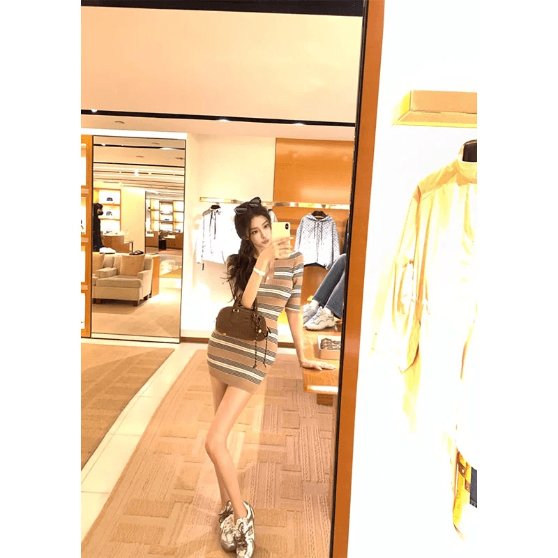 한 부서 레트로 캐주얼 외국 가스 작은 대중 디자인 센스 스트라이프 POLO 칼라 반팔 드레스 허리 수축 슬림해 보이는 미니 스커트 여성 이미지 5