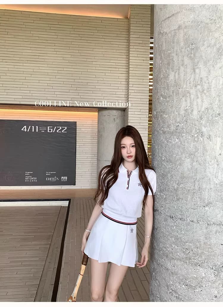 coolline 숲 희 di@r 산소 소녀 네트워킹 공 시리즈 후아 남편 그리드 니트 polo 미니 스커트 세트 상세 이미지 14