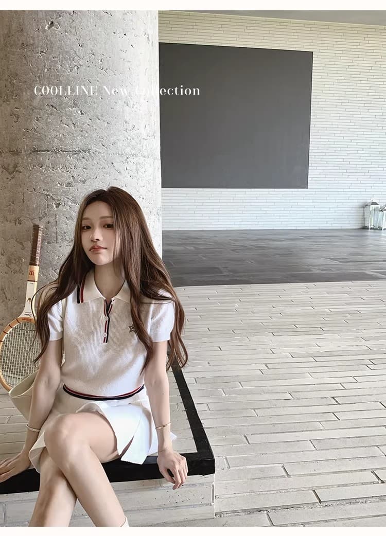 coolline 숲 희 di@r 산소 소녀 네트워킹 공 시리즈 후아 남편 그리드 니트 polo 미니 스커트 세트 상세 이미지 16