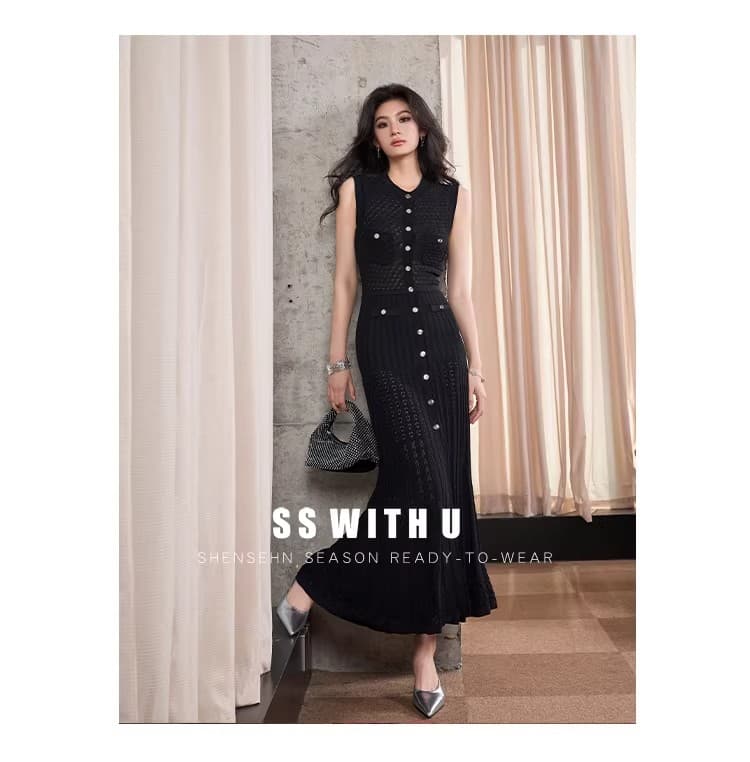 프랑스식 품격 명문 여성 부드러운 민소매 니트 롱 스커트 아이들 여름 새로운 싱글 줄 버튼 검정색 홀로우 아웃 드레스 상세 이미지 3