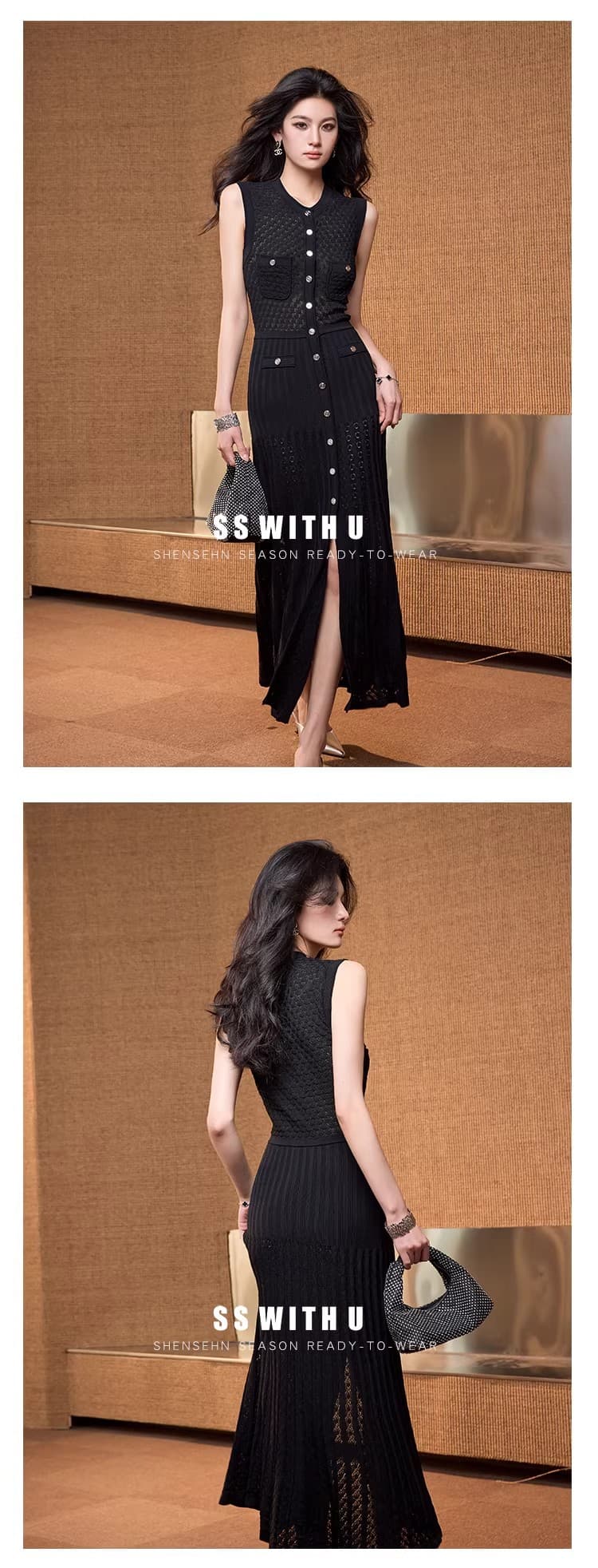 프랑스식 품격 명문 여성 부드러운 민소매 니트 롱 스커트 아이들 여름 새로운 싱글 줄 버튼 검정색 홀로우 아웃 드레스 상세 이미지 11