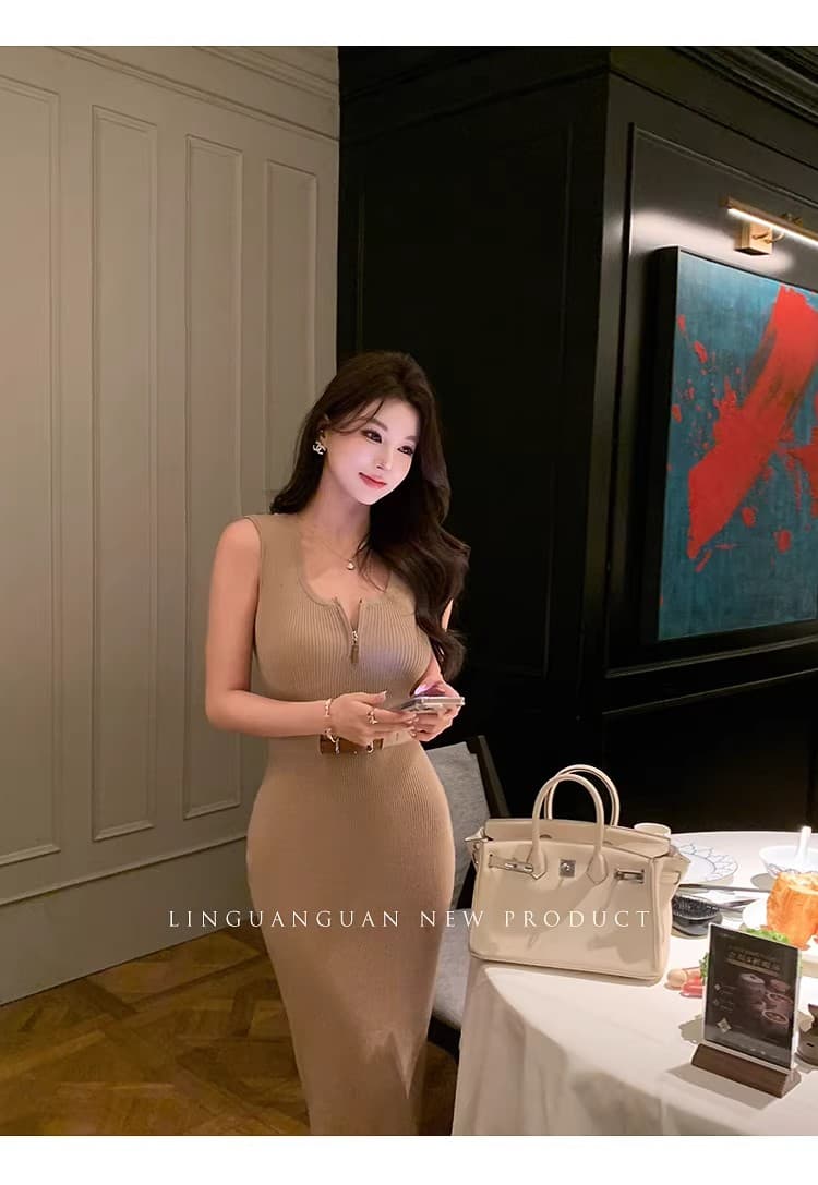 린 닫기 니트 민소매 조끼 스커트 드레스 몸매 가꾸기 타이트 스커트 여름 작은 키 가스 질감 허리 수축 치마 상세 이미지 12