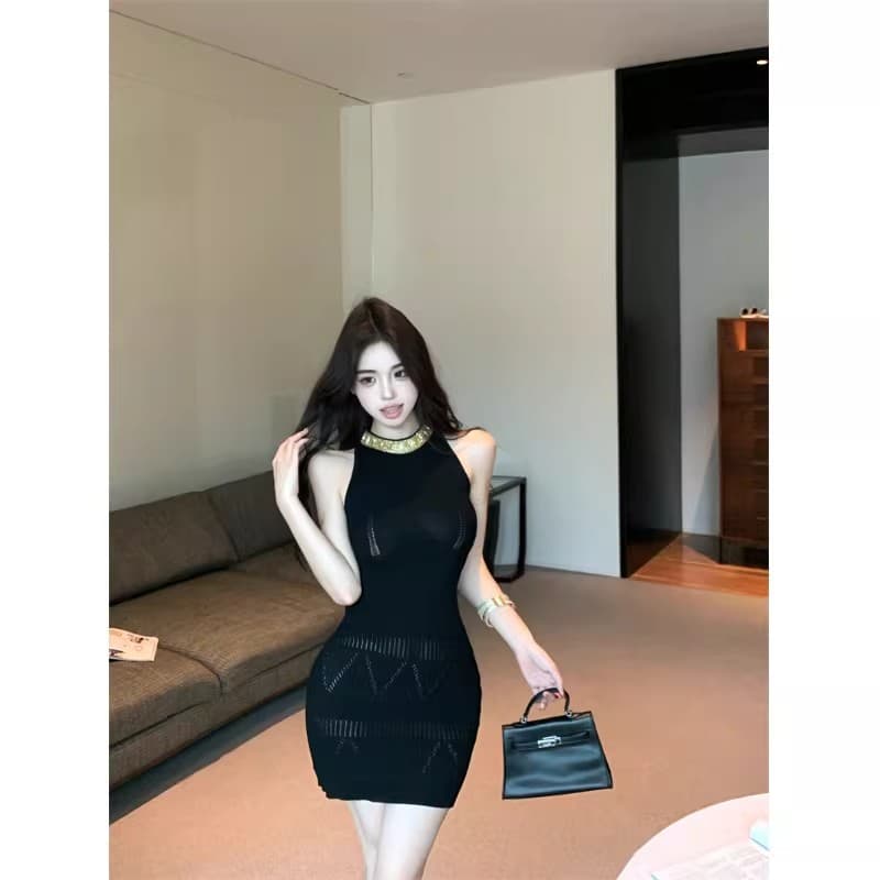 무거운 작업 스팽글 패치워크 민소매 행침 목 여성 드레스 여름 몸매 가꾸기 니트 치마 순수한 욕망 허리 수축 타이트 스커트 미니 스커트 이미지 4