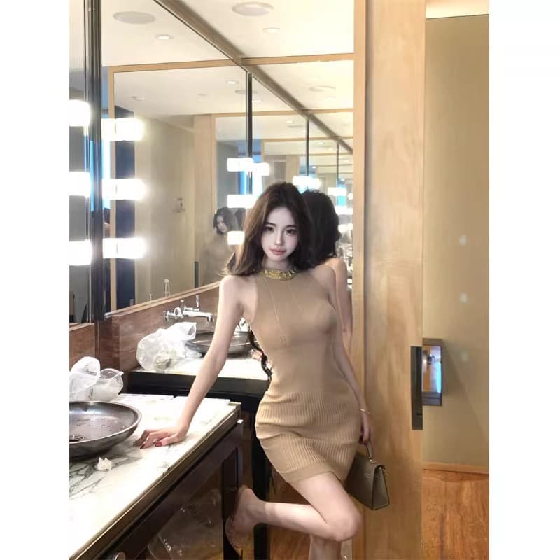 무거운 작업 스팽글 패치워크 민소매 행침 목 여성 드레스 여름 몸매 가꾸기 니트 치마 순수한 욕망 허리 수축 타이트 스커트 미니 스커트 이미지 2