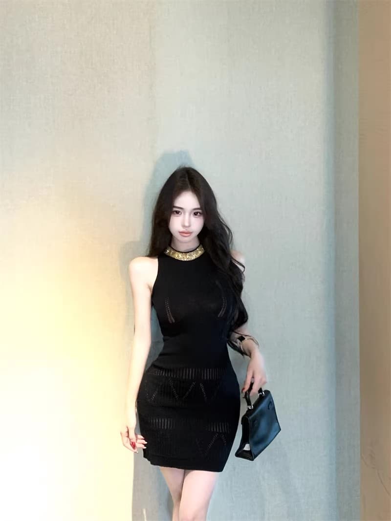 무거운 작업 스팽글 패치워크 민소매 행침 목 여성 드레스 여름 몸매 가꾸기 니트 치마 순수한 욕망 허리 수축 타이트 스커트 미니 스커트 상세 이미지 4