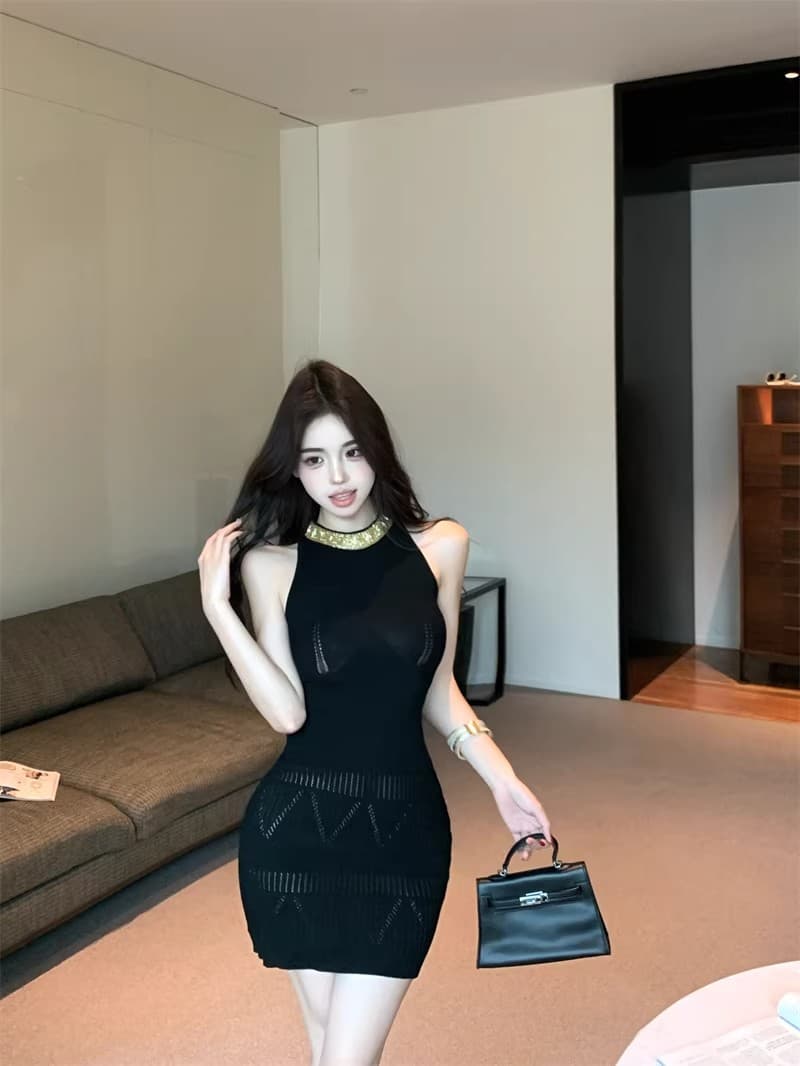 무거운 작업 스팽글 패치워크 민소매 행침 목 여성 드레스 여름 몸매 가꾸기 니트 치마 순수한 욕망 허리 수축 타이트 스커트 미니 스커트 상세 이미지 9