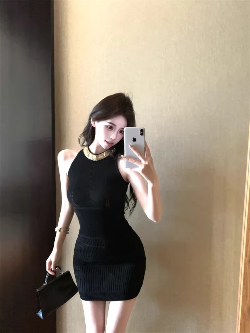무거운 작업 스팽글 패치워크 민소매 행침 목 여성 드레스 여름 몸매 가꾸기 니트 치마 순수한 욕망 허리 수축 타이트 스커트 미니 스커트 상세 이미지 10