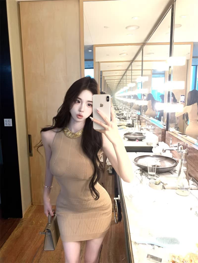무거운 작업 스팽글 패치워크 민소매 행침 목 여성 드레스 여름 몸매 가꾸기 니트 치마 순수한 욕망 허리 수축 타이트 스커트 미니 스커트 상세 이미지 20