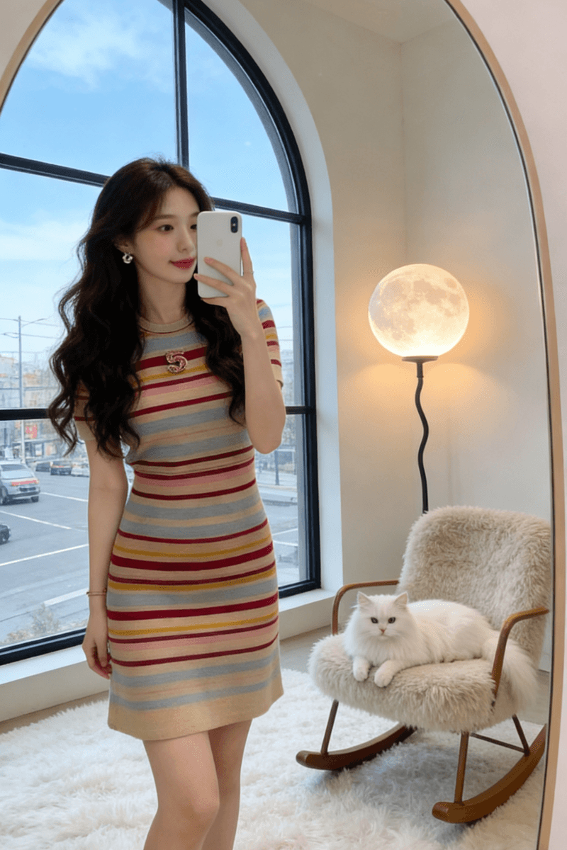 컬러 바 품격 작은 샤넬 스타일 여름 니트 드레스 슬림해 보이는 핫걸 하이웨이스트 패션 몸매 가꾸기 섹시함 캐주얼 치마