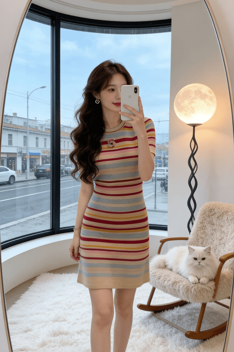 컬러 바 품격 작은 샤넬 스타일 여름 니트 드레스 슬림해 보이는 핫걸 하이웨이스트 패션 몸매 가꾸기 섹시함 캐주얼 치마 이미지 3