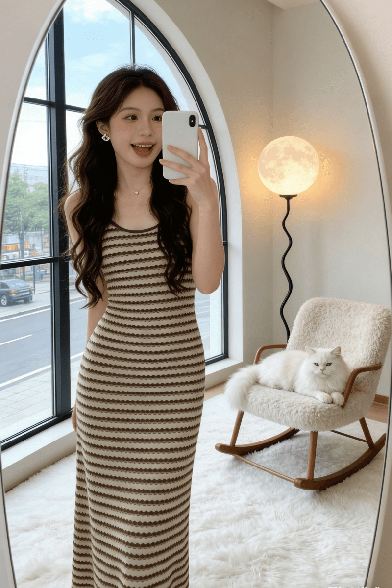 화재 화재 화재 모카 뮤 S 한국 스타일 스트라이프 니트 슬립 여성 드레스 부드러운 만나는 봄 조끼 스커트 상세 이미지 5