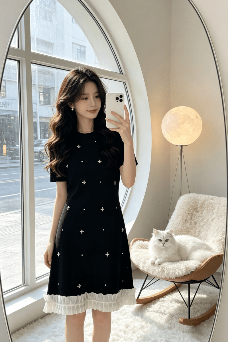2026 년 여름 드레스 새로운 얼음 실크 니트 드레스 패치워크 한국 스타일 주문 구슬 고급 센스 허리 수축 여성 드레스 이미지 4