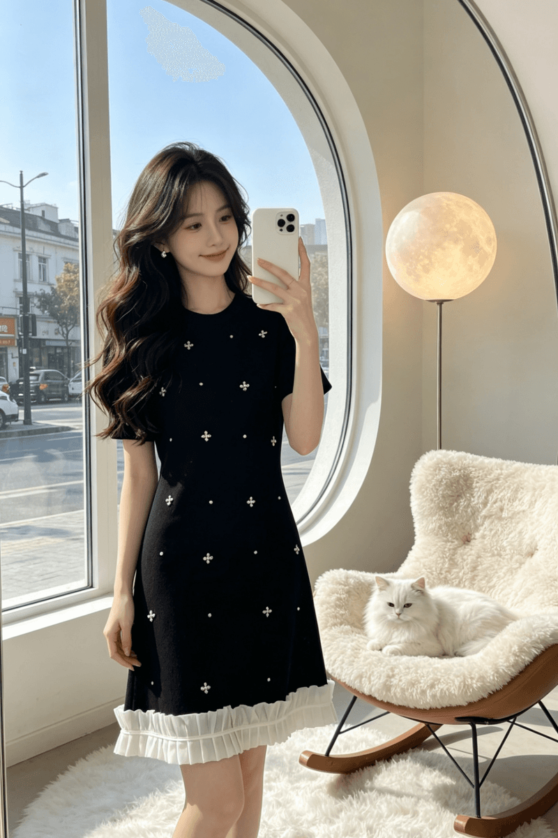 2026 년 여름 드레스 새로운 얼음 실크 니트 드레스 패치워크 한국 스타일 주문 구슬 고급 센스 허리 수축 여성 드레스