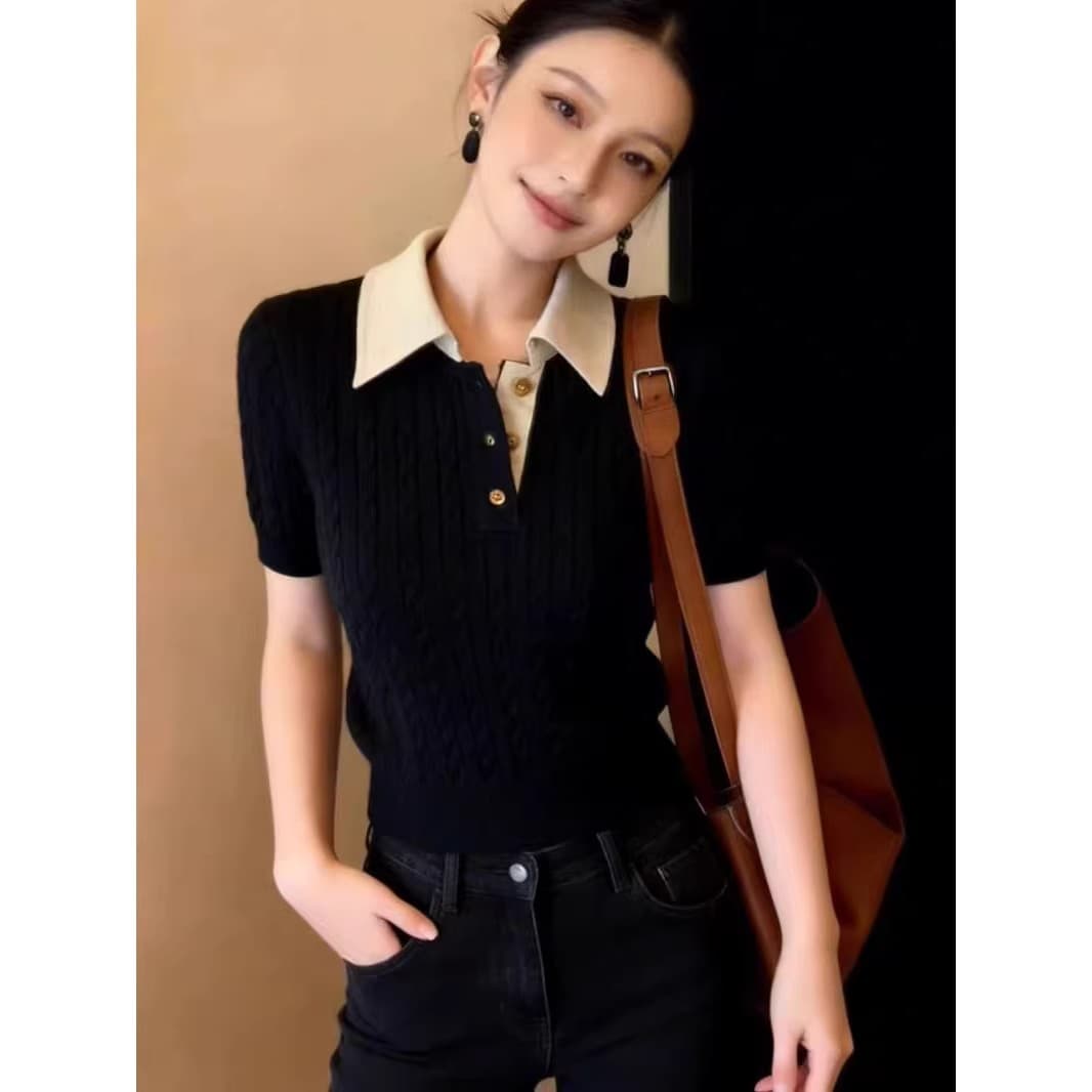 프랑스식 POLO 칼라 카키 색 꽈배기 니트 반팔 티셔츠 여성 2026 여름 캐주얼 품격 긍정적 인 어깨 작은 맨위 이미지 2