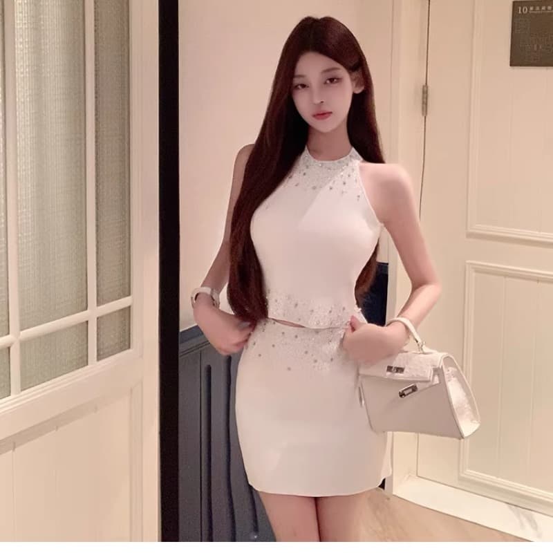 luna 루 Na 무거운 작업 비즈 박기 행침 목 조끼 니트 미니 스커트 드레스 투피스 세트 이미지 5
