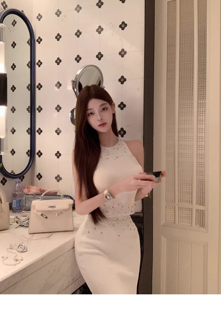 luna 루 Na 무거운 작업 비즈 박기 행침 목 조끼 니트 미니 스커트 드레스 투피스 세트 상세 이미지 12