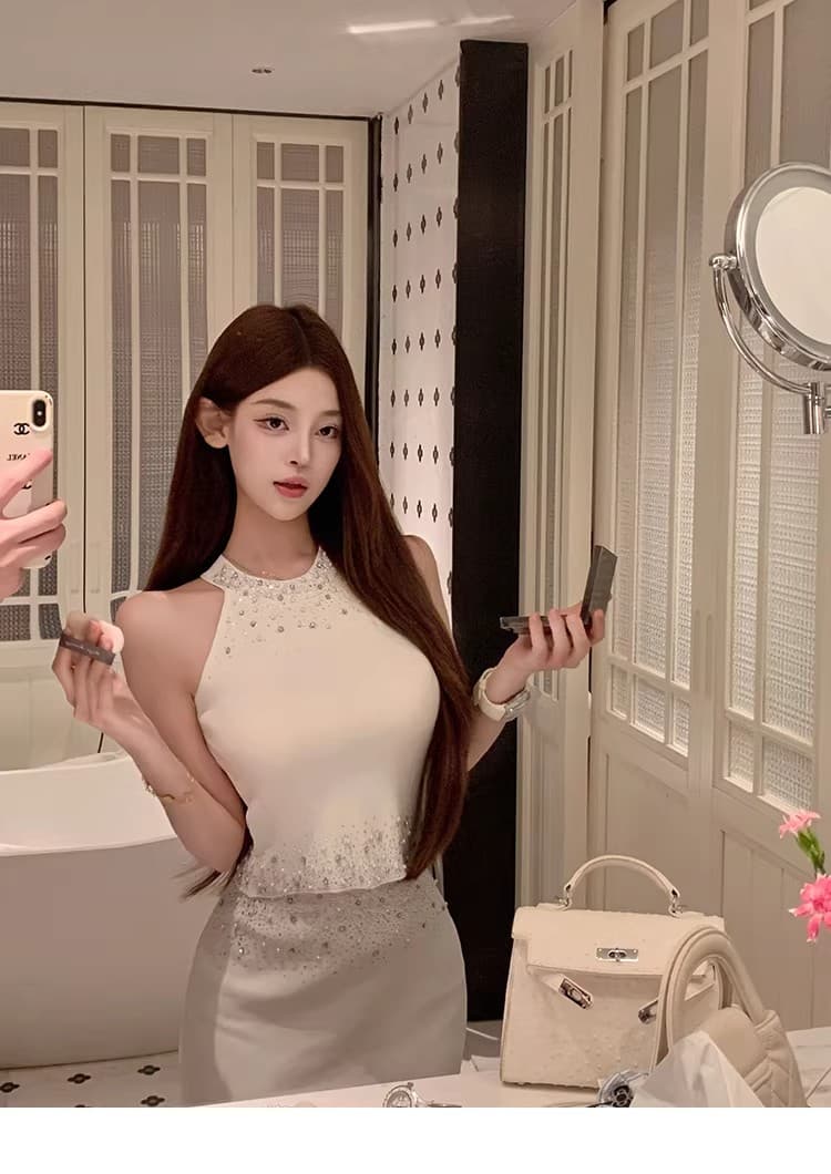 luna 루 Na 무거운 작업 비즈 박기 행침 목 조끼 니트 미니 스커트 드레스 투피스 세트 상세 이미지 13