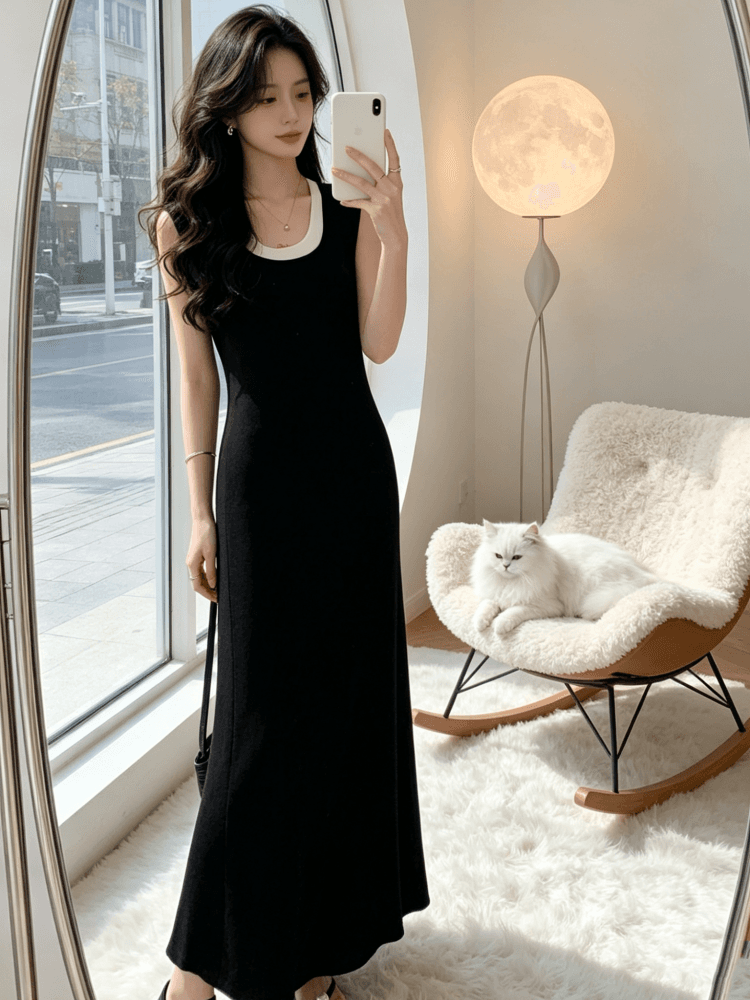 2026 년 여름 품격 캐주얼 페이크 레이어드 한 마디 여성 드레스 검정색 u 칼라 패치워크 타이트 스커트 조끼 길다 치마 이미지 2
