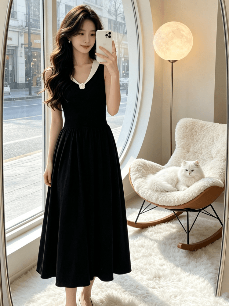2026 년 프랑스식 작은 샤넬 스타일 배색 폴로 칼라 자수 여성 드레스 봄 여름 고급 센스 품격 다용도 롱 스커트 이미지 4