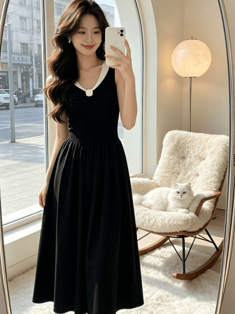 2026 년 프랑스식 작은 샤넬 스타일 배색 폴로 칼라 자수 여성 드레스 봄 여름 고급 센스 품격 다용도 롱 스커트 상세 이미지 3