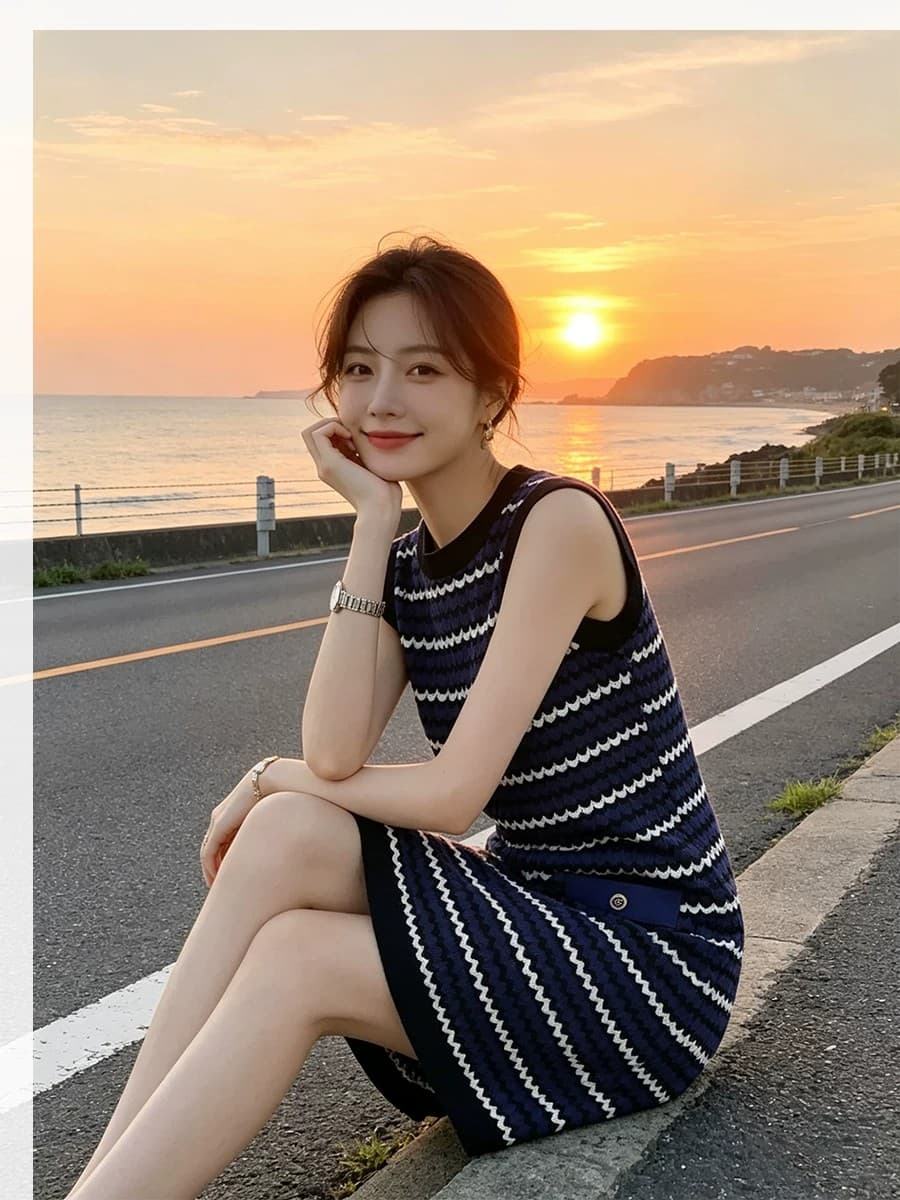 여름 새로운 작은 샤넬 스타일 스트라이프 민소매 니트 드레스 라운드 넥 루즈핏 중간 길이 외출용 인사이드 가져 가라. 조끼 스커트 상세 이미지 4