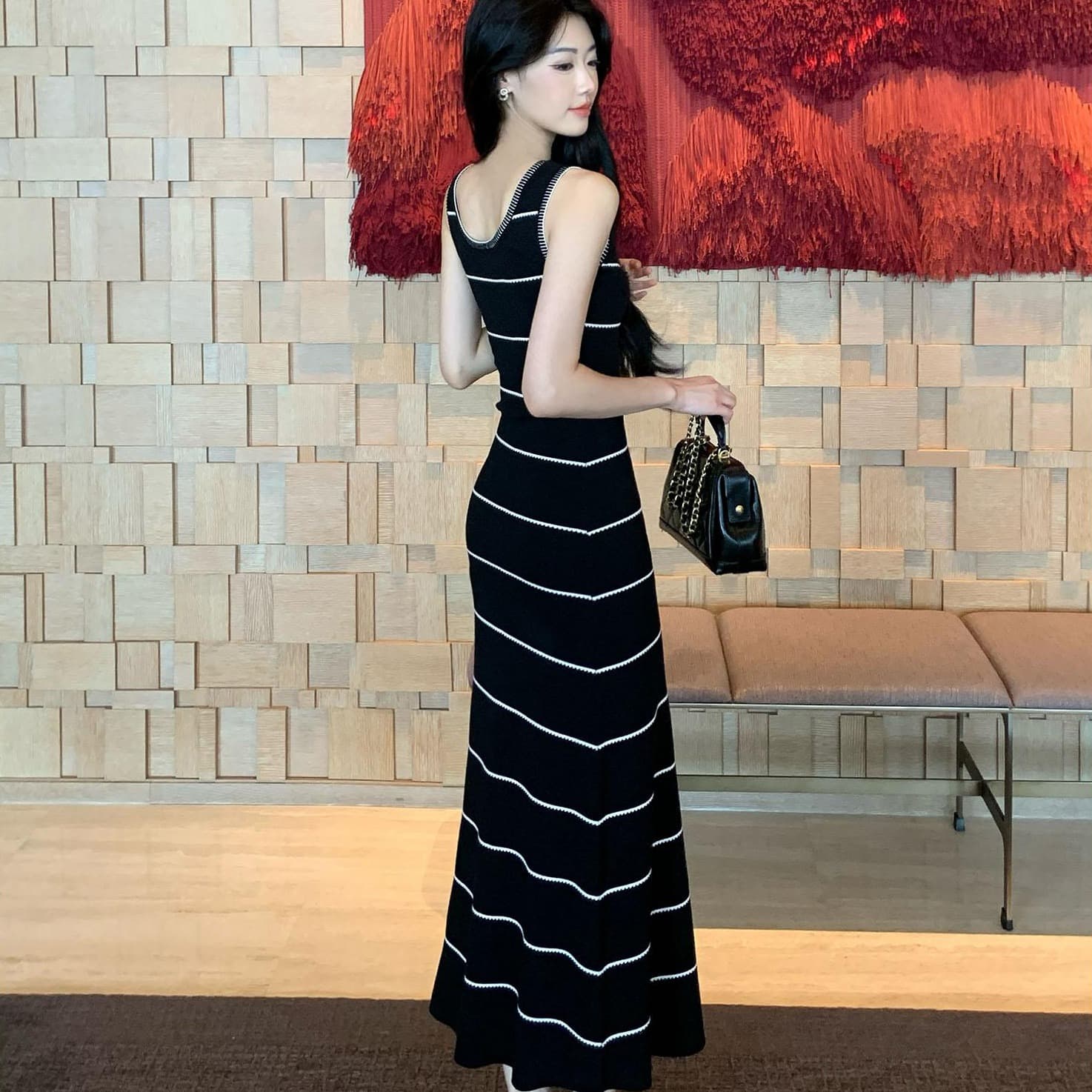순수한 욕망 u 칼라 꽃 스트라이프 조끼 니트 여성 드레스 2026 여름 새로운 허리 수축 슬림해 보이는 다용도 길다 이미지 5