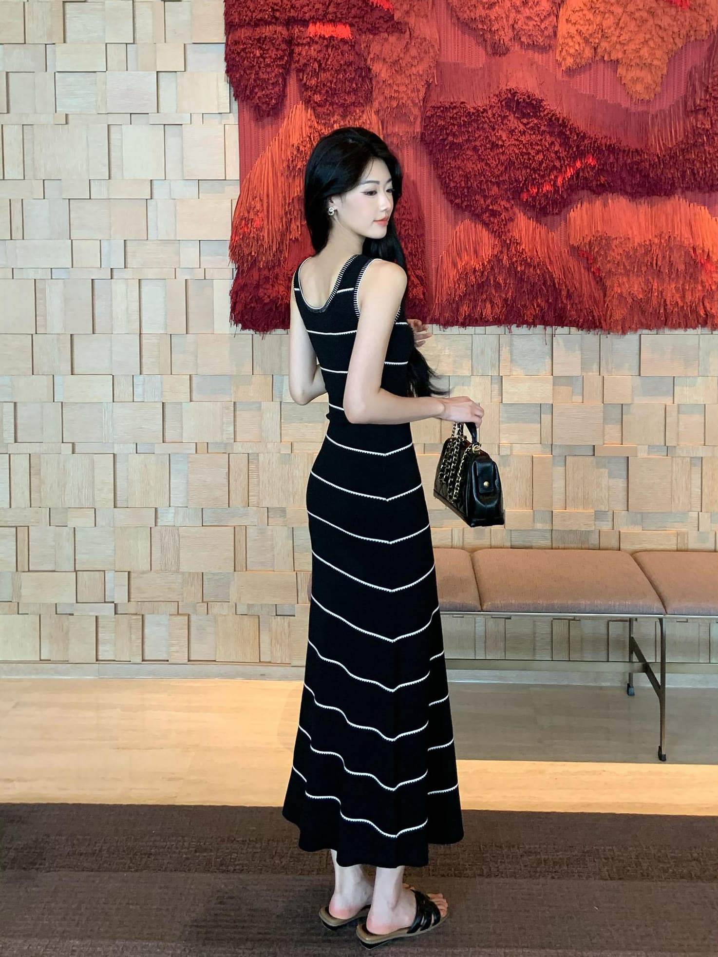 순수한 욕망 u 칼라 꽃 스트라이프 조끼 니트 여성 드레스 2026 여름 새로운 허리 수축 슬림해 보이는 다용도 길다 상세 이미지 5
