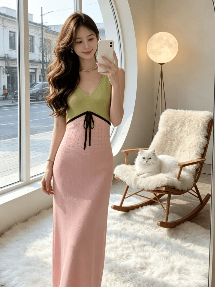 도파민 배색 패치워크 V넥 조끼 원피스 여름 새로운 몸매 가꾸기 슬림해 보이는 아름다운 휴가 타이트 스커트 롱 스커트 이미지 4