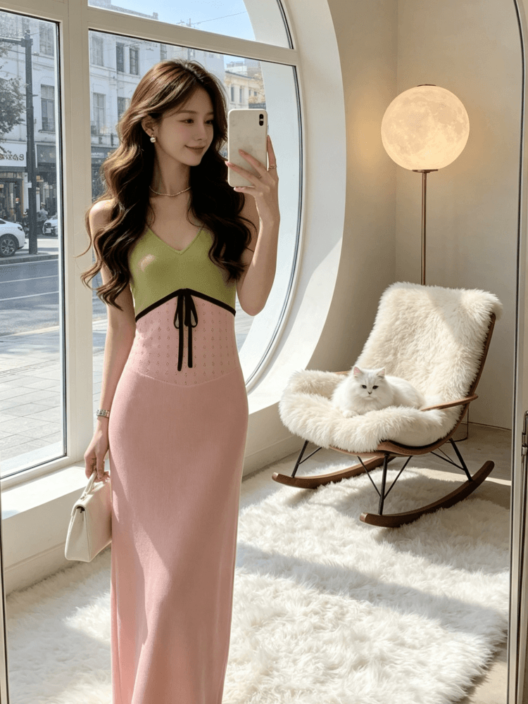도파민 배색 패치워크 V넥 조끼 원피스 여름 새로운 몸매 가꾸기 슬림해 보이는 아름다운 휴가 타이트 스커트 롱 스커트 상세 이미지 1