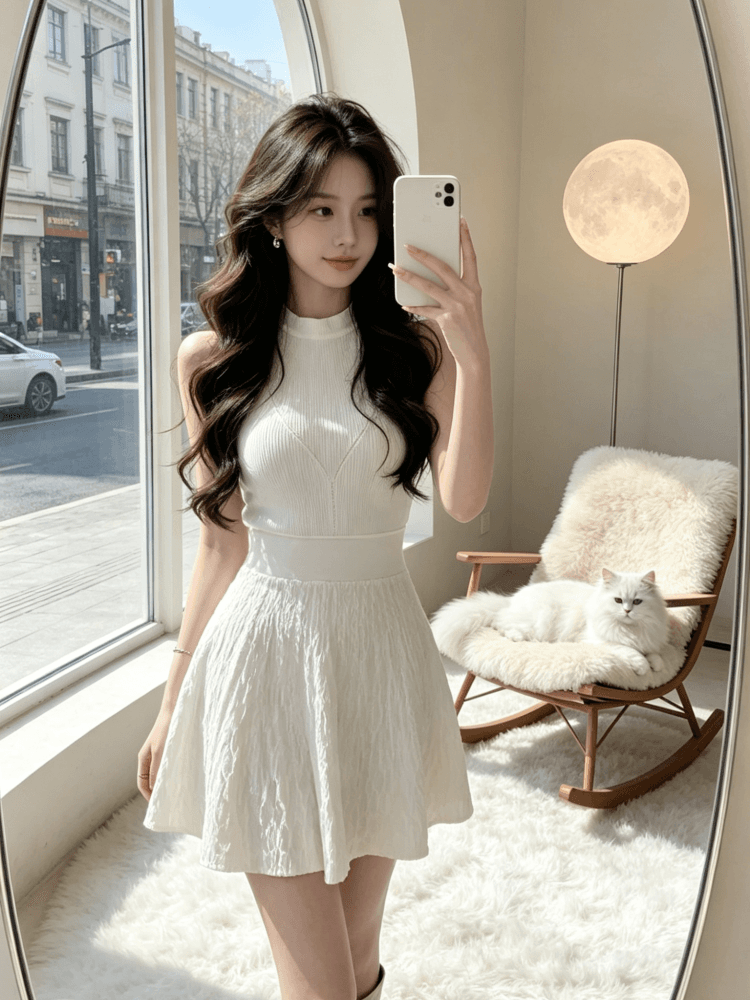 2026 년 순수한 흰색 사랑 행침 목 니트 여성 드레스 봄 여름 품격 고급 센스 몸매 가꾸기 허리 수축 치마 상세 이미지 4