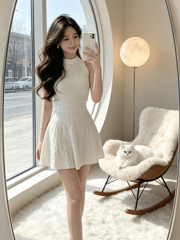 2026 년 순수한 흰색 사랑 행침 목 니트 여성 드레스 봄 여름 품격 고급 센스 몸매 가꾸기 허리 수축 치마 상세 이미지 5
