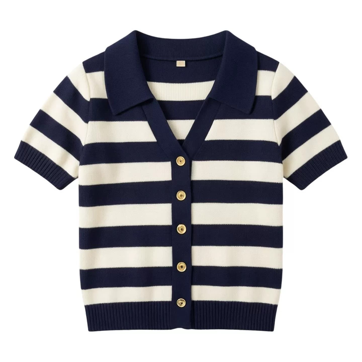 POLO 칼라 스트라이프 유럽 역 반팔 티셔츠 여성 여름 얇은 스타일 얼음 실크 니트 몸매 가꾸기 슬림해 보이는 긍정적 인 어깨 의류 이미지 5