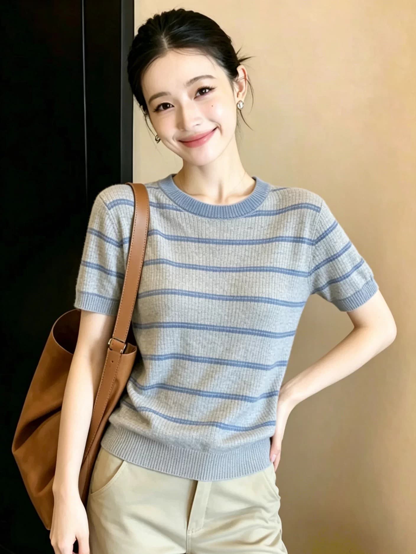 회색 스트라이프 반팔 니트 스웨터 여자 2026 새로운 여름 배색 슈퍼 잘 생긴 품격 얇은 스타일 여성 맨위 상세 이미지 4