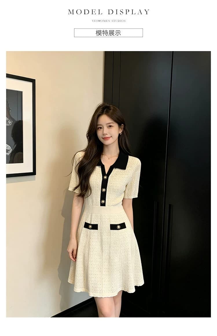 작은 샤넬 스타일 여름 새로운 배색 얼음 실크 니트 드레스 폴로 칼라 반팔 ol 품격 허리 수축 슬림해 보이는 A라인 스커트 상세 이미지 5