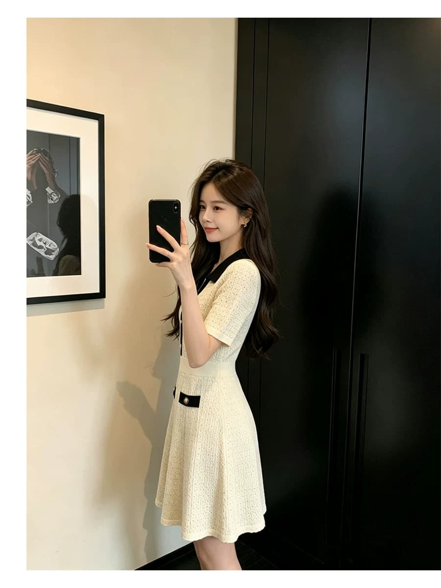 작은 샤넬 스타일 여름 새로운 배색 얼음 실크 니트 드레스 폴로 칼라 반팔 ol 품격 허리 수축 슬림해 보이는 A라인 스커트 상세 이미지 7