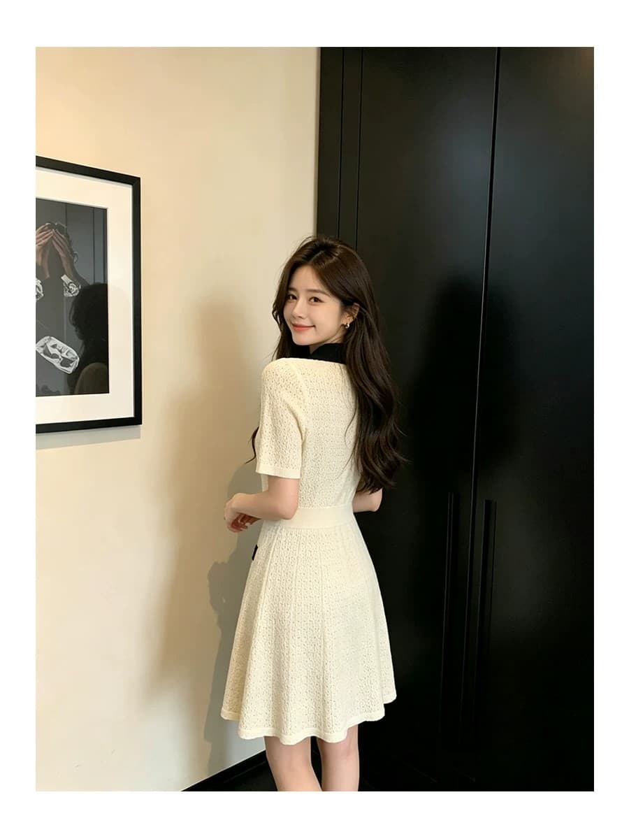 작은 샤넬 스타일 여름 새로운 배색 얼음 실크 니트 드레스 폴로 칼라 반팔 ol 품격 허리 수축 슬림해 보이는 A라인 스커트 상세 이미지 11