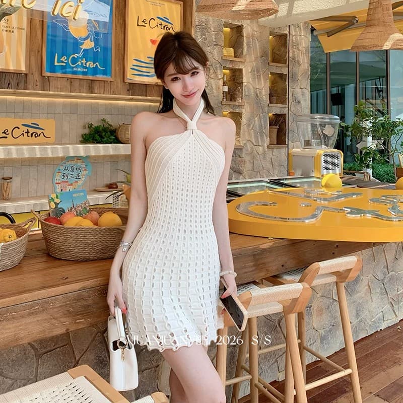 juanjuanyeesimkh 사설 서비스 치마 십자가 비틀림 행침 목 훅 니트 홀로우 아웃 민소매 드레스