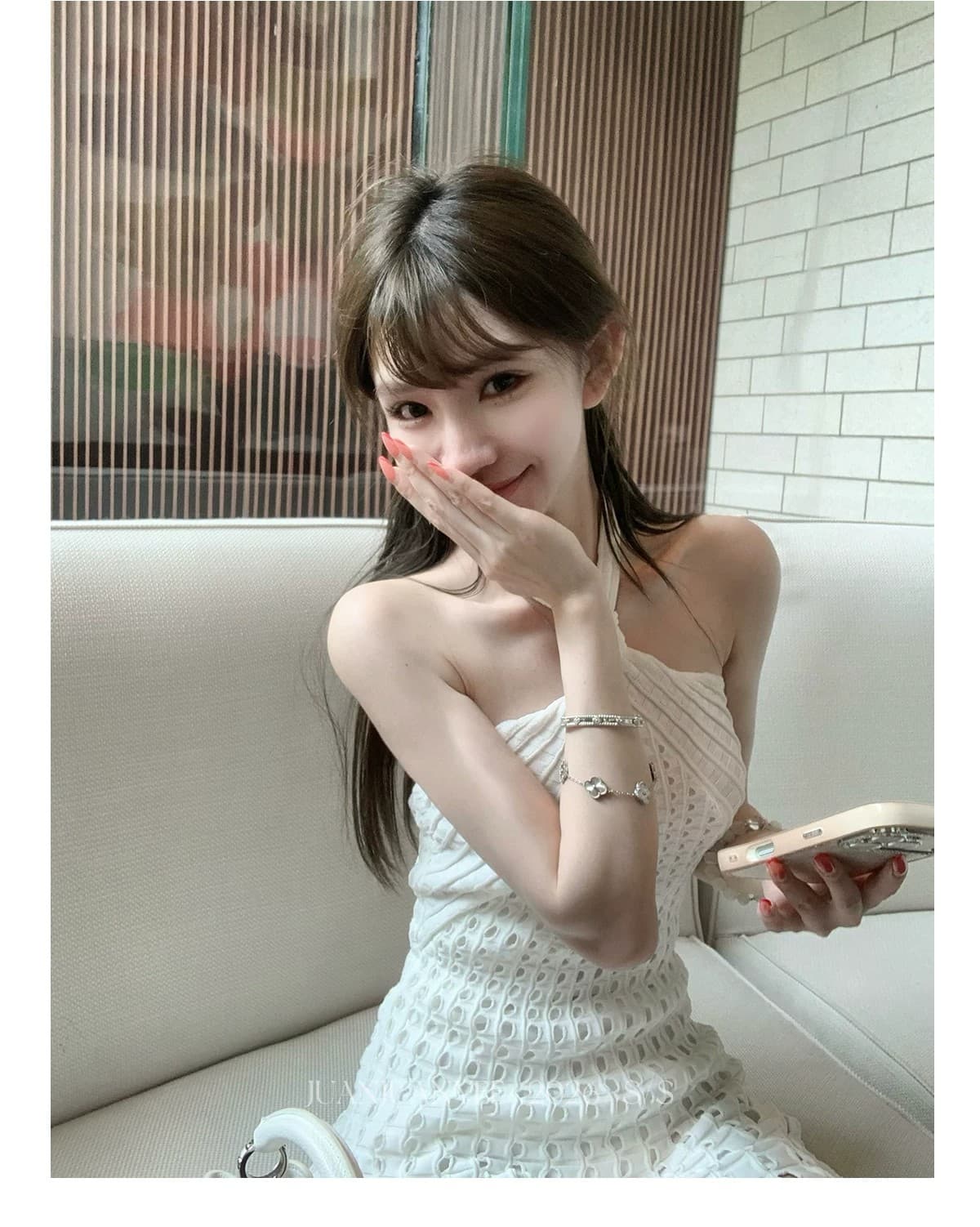 juanjuanyeesimkh 사설 서비스 치마 십자가 비틀림 행침 목 훅 니트 홀로우 아웃 민소매 드레스 상세 이미지 8