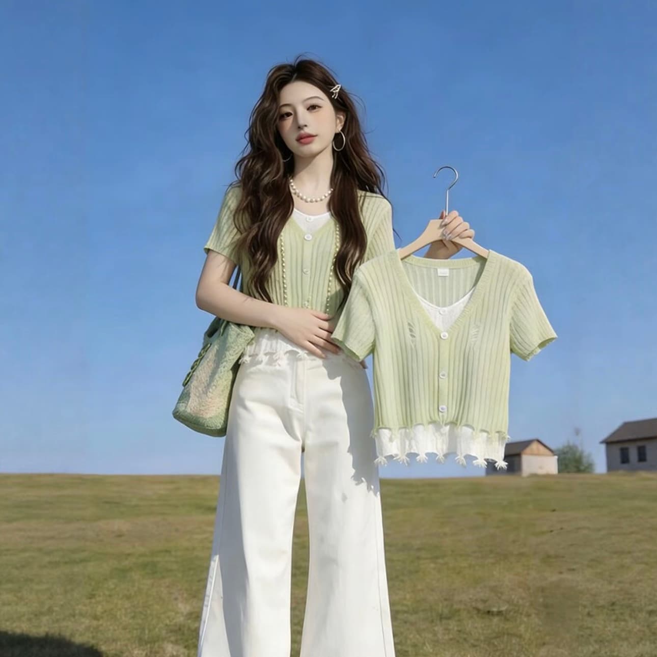 한 부서 밝은 녹색 페이크 레이어드 V넥 거친 가장자리 반팔 티셔츠 여성 2026 여름 새로운 다용도 캐주얼 아니요 명중 섹션 맨위 상세 이미지 2