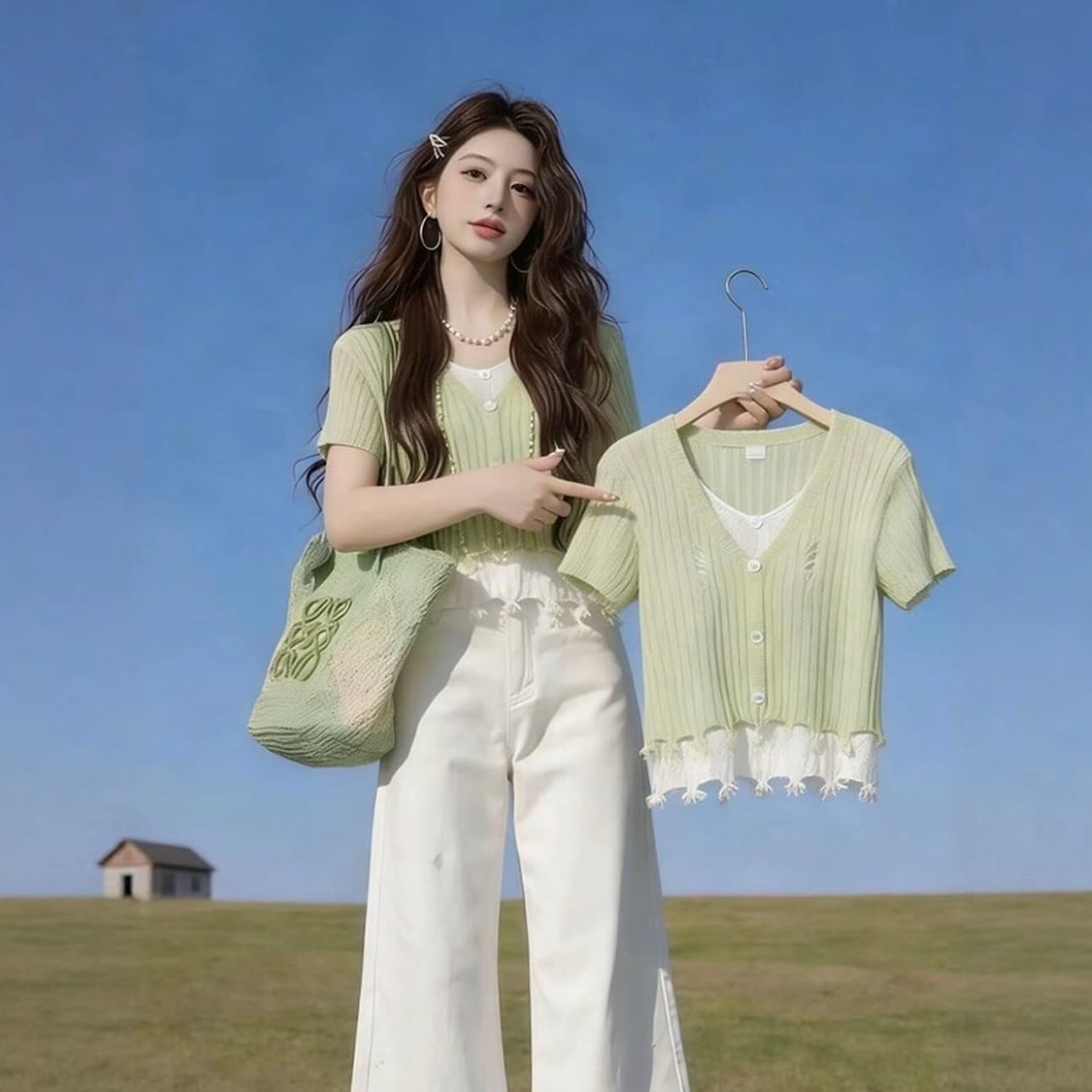 한 부서 밝은 녹색 페이크 레이어드 V넥 거친 가장자리 반팔 티셔츠 여성 2026 여름 새로운 다용도 캐주얼 아니요 명중 섹션 맨위 상세 이미지 4