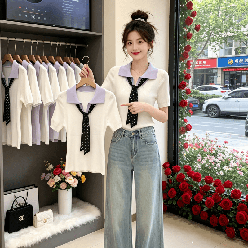 2026 한 부서 화이트 폴로 칼라 POLO 셔츠 니트 얼음 실크 반팔 여성 여름 작은 키 긍정적 인 어깨 몸매 가꾸기 쇼트 스타일 맨위